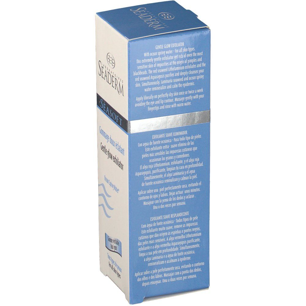 Zijkant van de productverpakking. Tekst in meerdere talen. Bevat informatie over gebruik en ingrediënten. Blauw-witte kleurstelling.