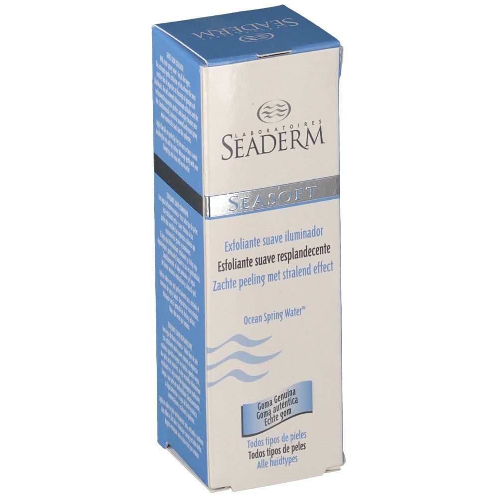 Productverpakking, licht schuin. Opschrift: Seaderm, Seasoft, Exfoliante suave iluminador, Zachte peeling met stralend effect. Golfjes-afbeelding. Voor alle huidtypes.
