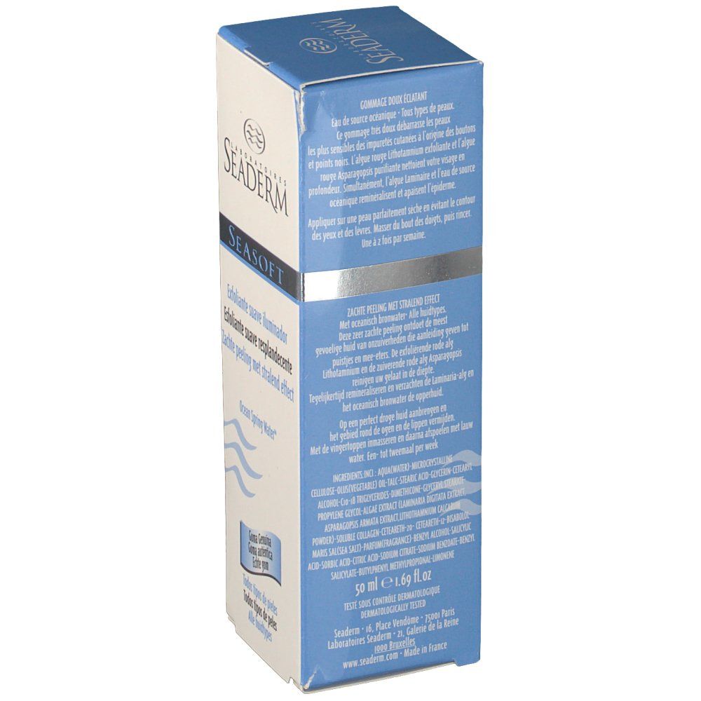 Zijkant van de productverpakking. Tekst in meerdere talen. Bevat informatie over gebruik, ingrediënten en volume: 50 ml.