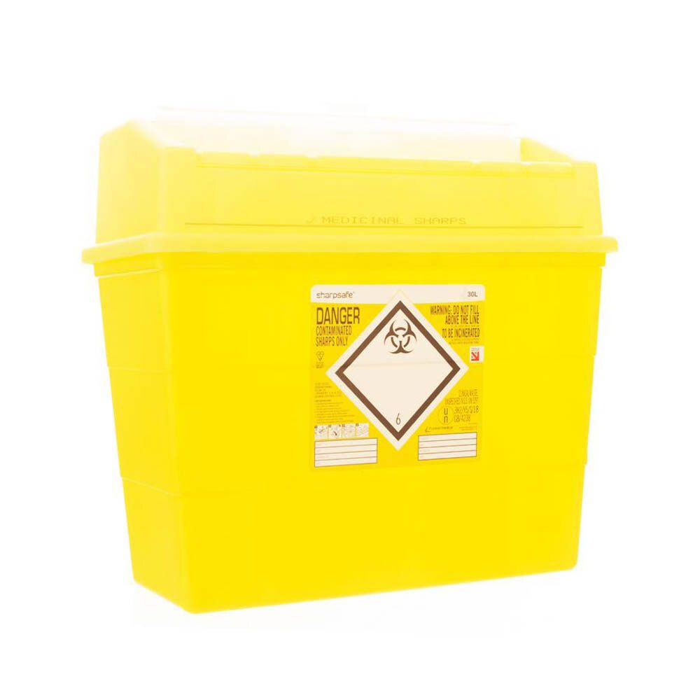 Conteneur jaune pour déchets médicaux avec couvercle. Étiquette avec symbole de risque biologique et avertissements.
