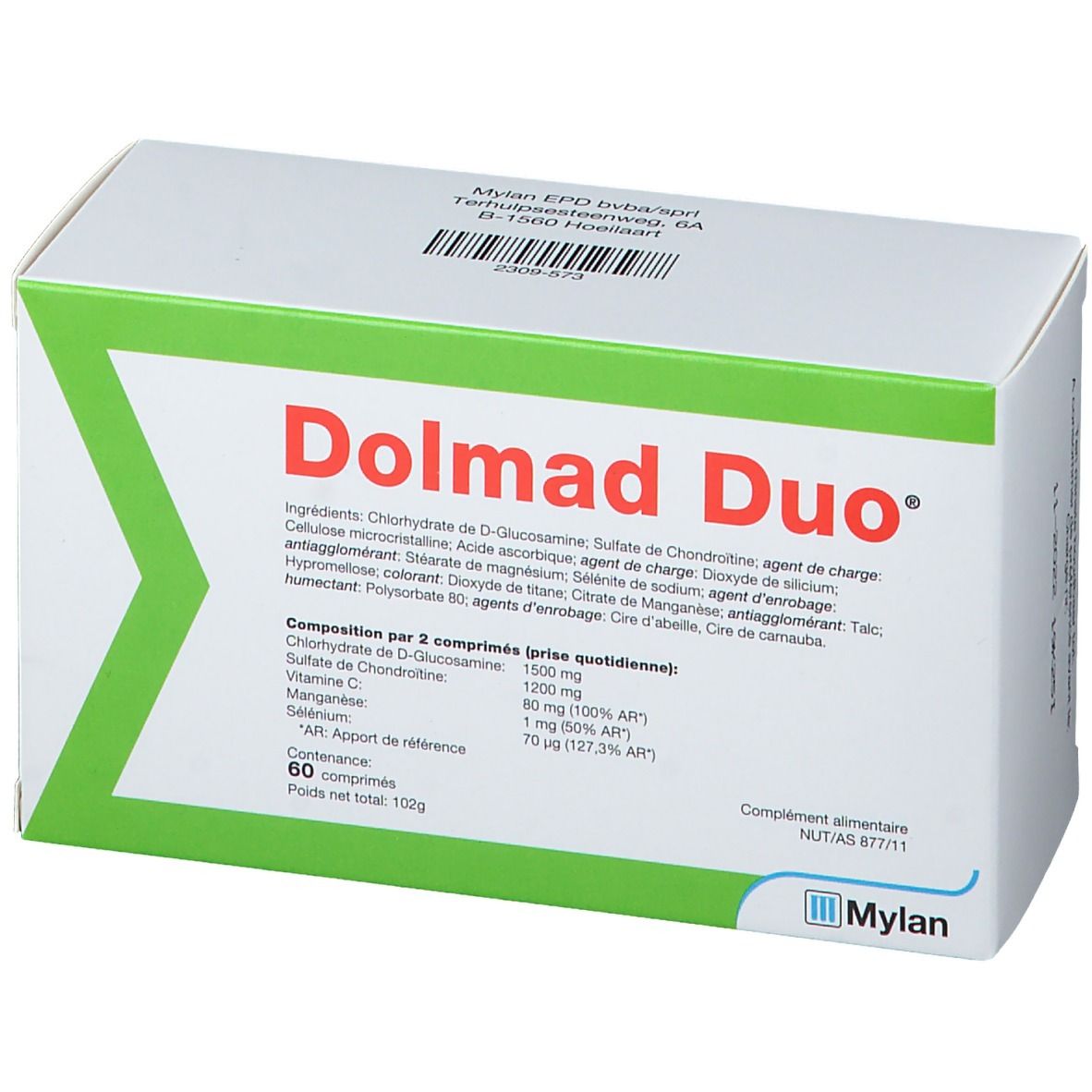 Boîte blanche et verte Dolmad Duo. Contient 60 comprimés. Ingrédients et informations nutritionnelles imprimés.