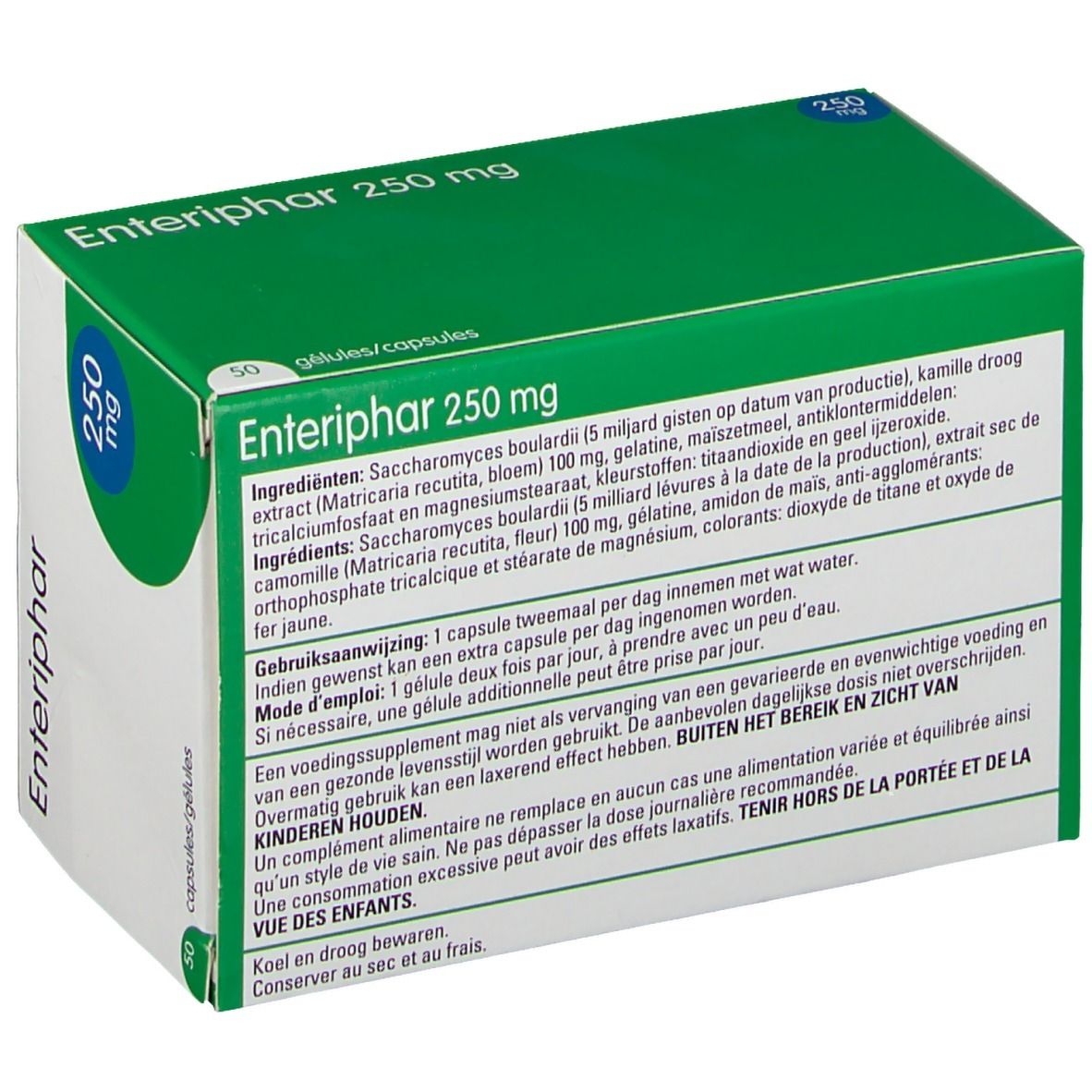 Boîte Enteriphar 250 mg. Vert et blanc. Contient 50 gélules. Liste des ingrédients. Logo Teva.