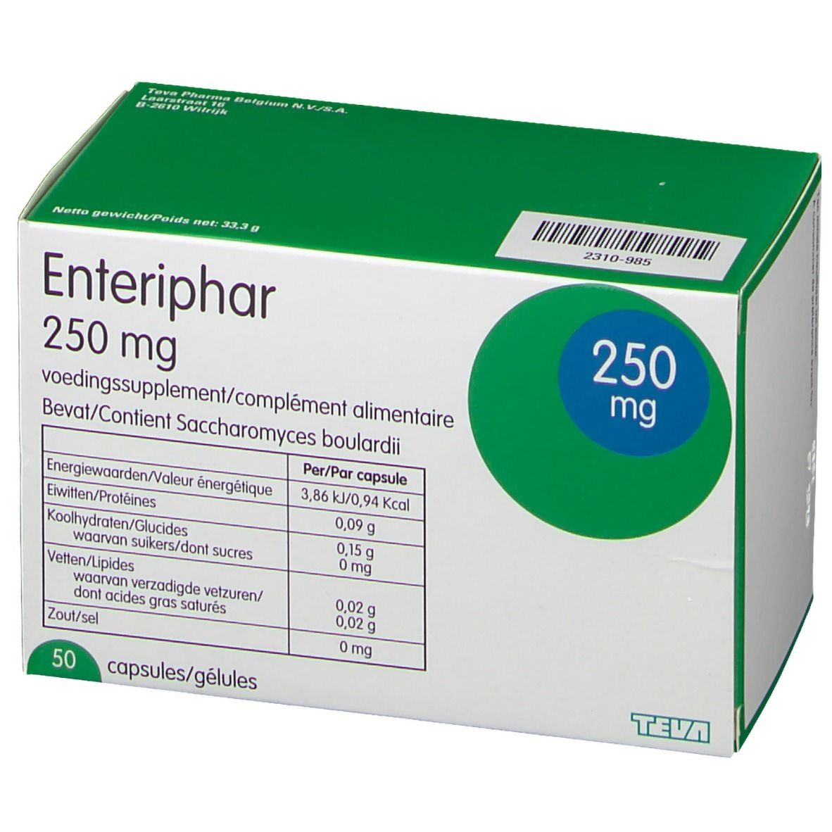 Boîte Enteriphar 250 mg. Vert et blanc. Contient 50 gélules. Logo Teva. Tableau nutritionnel.