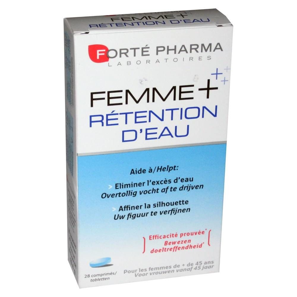 Boîte de FEMME+ RÉTENTION D'EAU, marque FORTÉ PHARMA. Contient 28 comprimés. Pour femmes de plus de 45 ans. Efficacité prouvée.