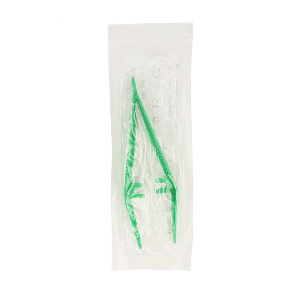 Groene pincet in transparante verpakking. Anatomische vorm, rechte punt. Steriel verpakt.