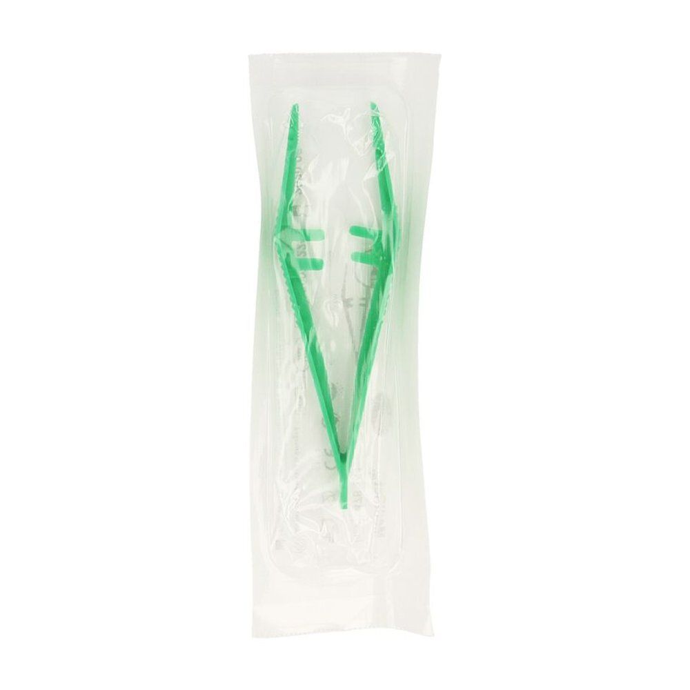 Groene pincet in transparante verpakking. Anatomische vorm, rechte punt. Steriel verpakt.