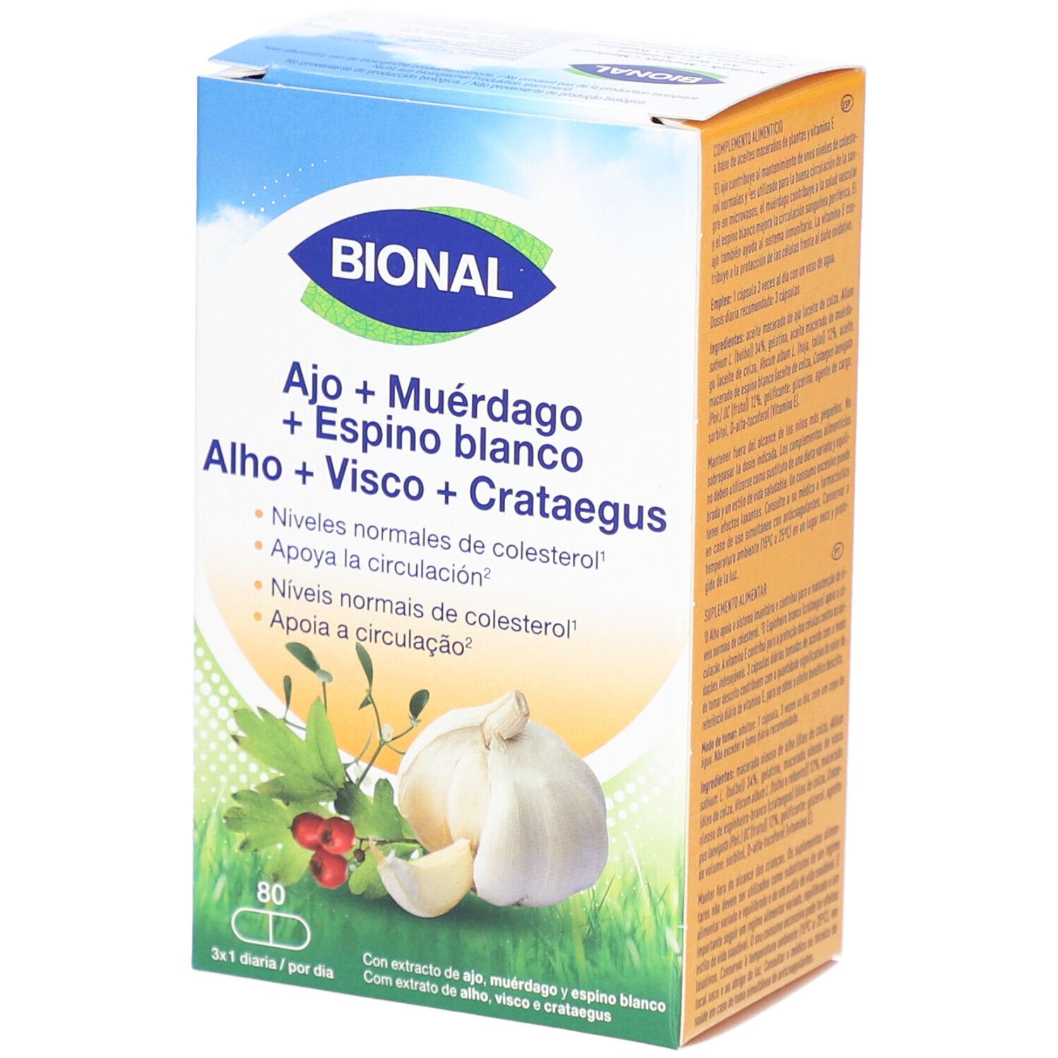 Boîte BIONAL. Contient 80 capsules. Inscriptions : Ail + Gui + Aubépine, Knoflook + Maretak + Meidoorn.