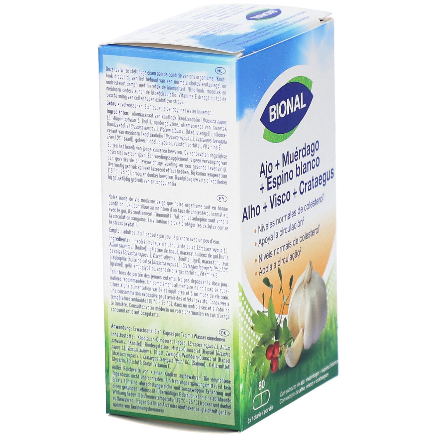 Boîte BIONAL. Contient 80 capsules. Inscriptions : Ail + Gui + Aubépine, Knoflook + Maretak + Meidoorn.
