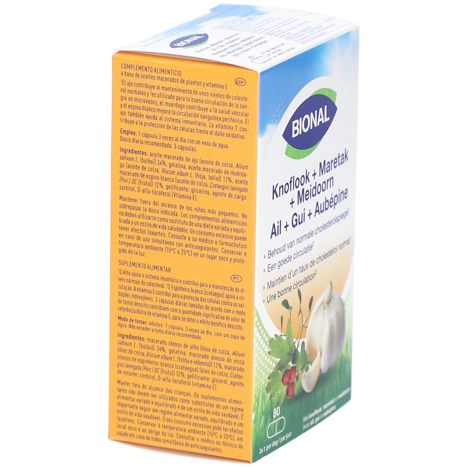 Boîte BIONAL. Contient 80 capsules. Inscriptions : Ail + Gui + Aubépine, Knoflook + Maretak + Meidoorn.