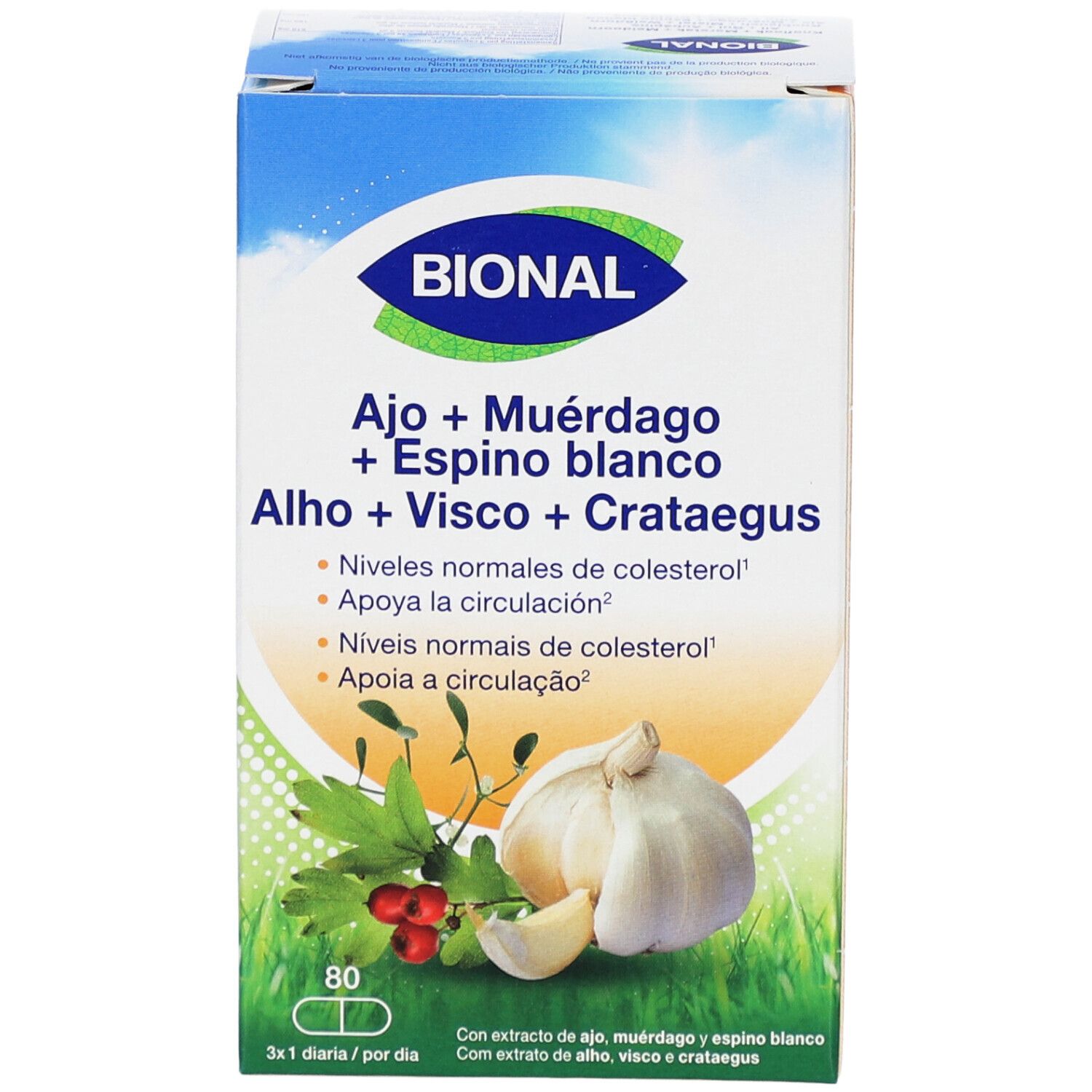 Boîte BIONAL. Contient 80 capsules. Inscriptions : Ail + Gui + Aubépine, Knoflook + Maretak + Meidoorn.