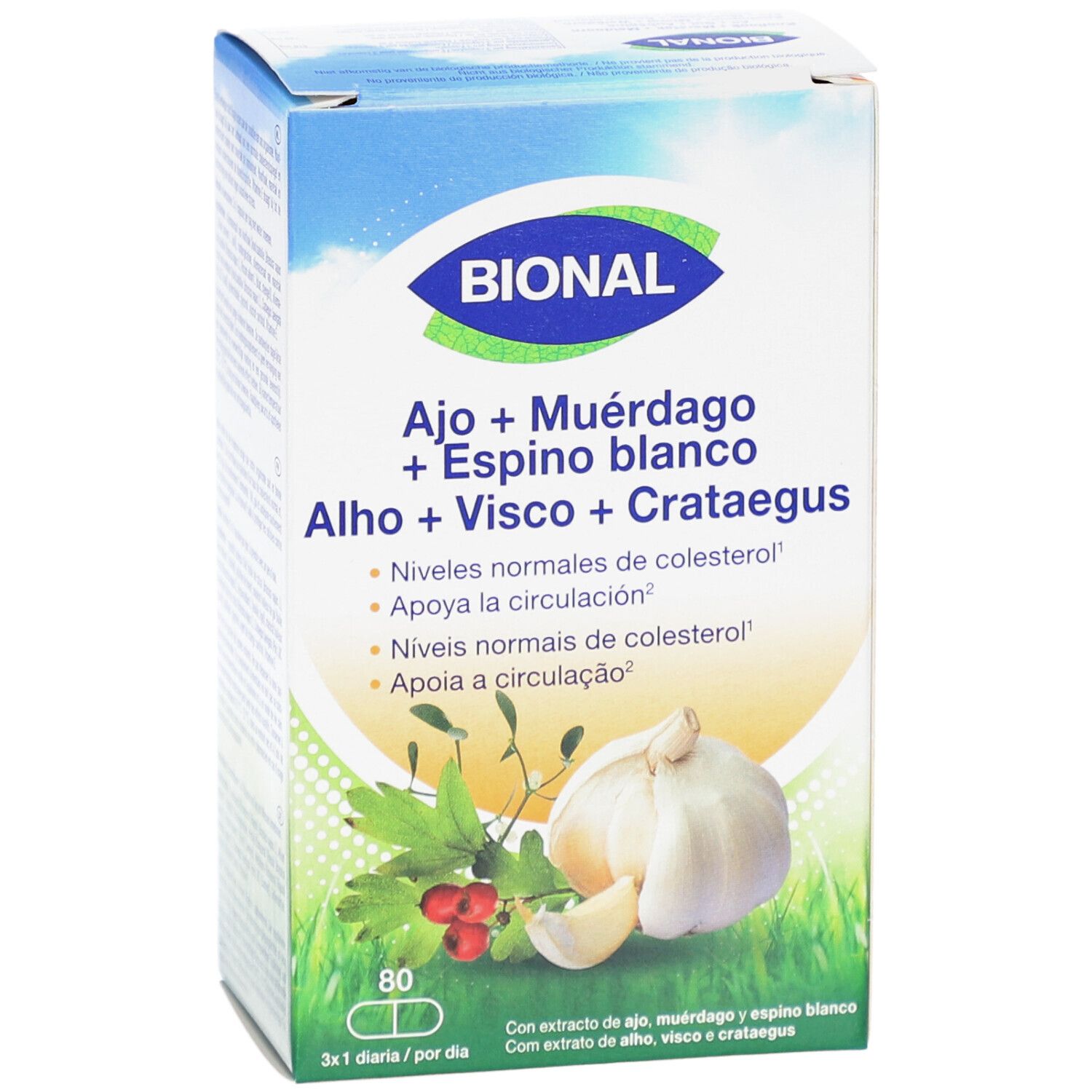 Boîte BIONAL. Contient 80 capsules. Inscriptions : Ail + Gui + Aubépine, Knoflook + Maretak + Meidoorn.