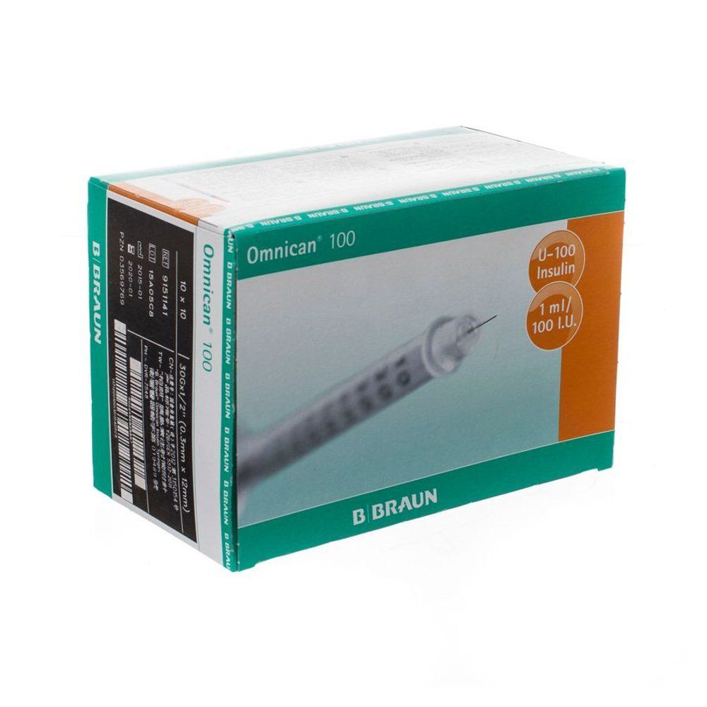 Boîte Omnican 100. Emballage vert et blanc avec image du produit et texte. Logo B. Braun et informations produit.