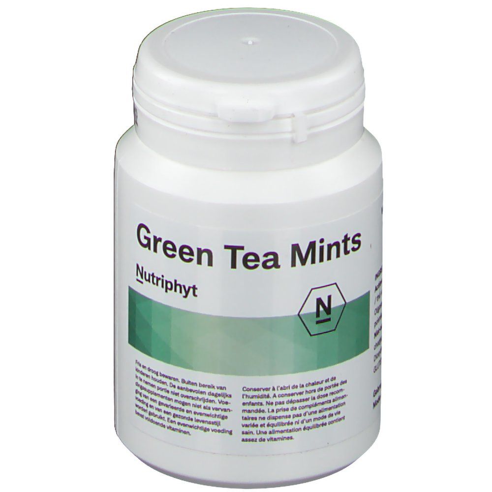Witte fles met groen etiket. Opschrift: Green Tea Mints, Nutriphyt. Deksel met klapdeksel.