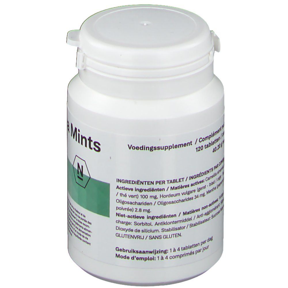 Witte fles met groen etiket. Opschrift: Voedingssupplement. Ingrediëntenlijst. Deksel met klapdeksel.