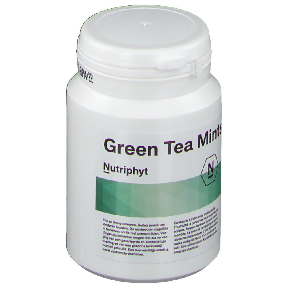 Witte fles met groen etiket. Opschrift: Green Tea Mints, Nutriphyt. Deksel met klapdeksel.
