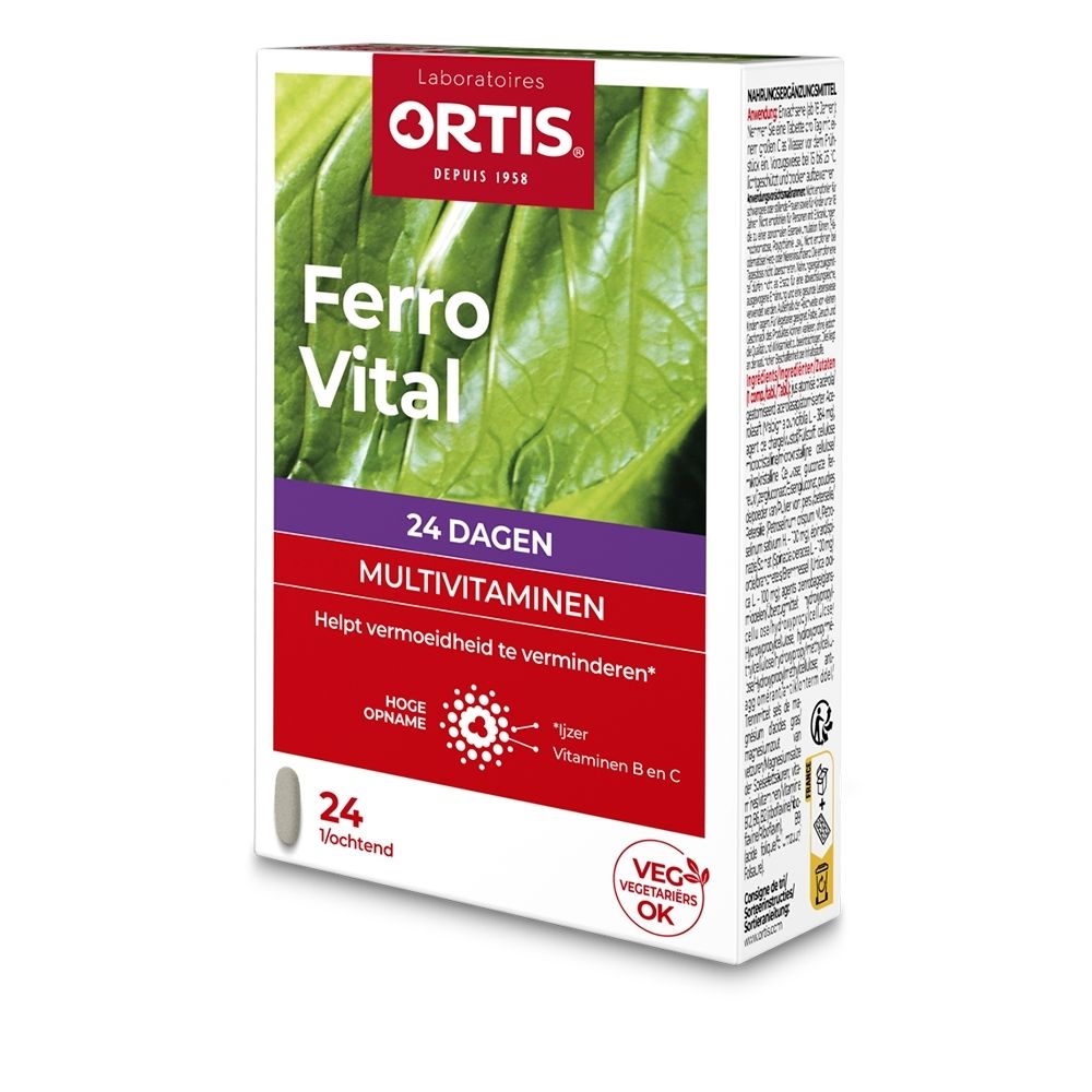 Ortis Ferro Vital Multivitaminen, doos van 24 tabletten, verrijkt met ijzer, vitamines B en C.