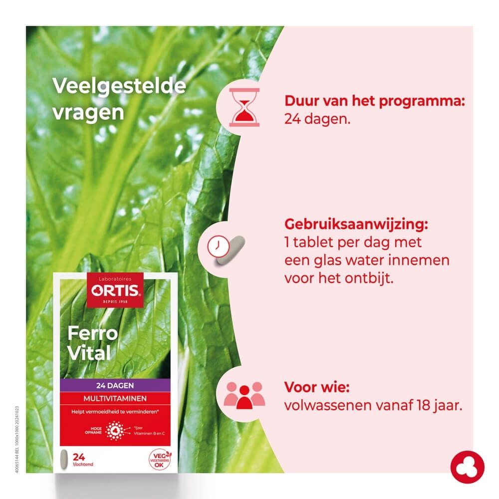 Ortis Ferro Vital Multivitaminen, doos van 24 tabletten, verrijkt met ijzer, vitamines B en C.