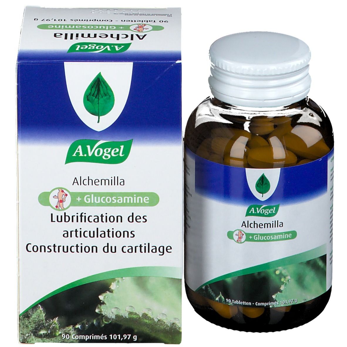 Comprimés bruns dans un flacon en verre brun et une boîte. Inscription : A.Vogel Alchemilla + Glucosamine.
