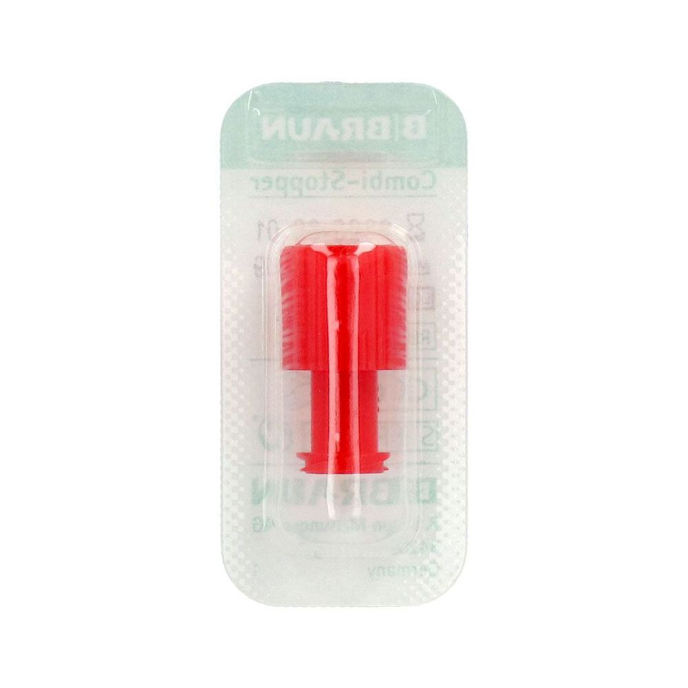 Rode Combi-Stopper in blisterverpakking. Zichtbaar: B. Braun logo, productnaam en artikelnummer.