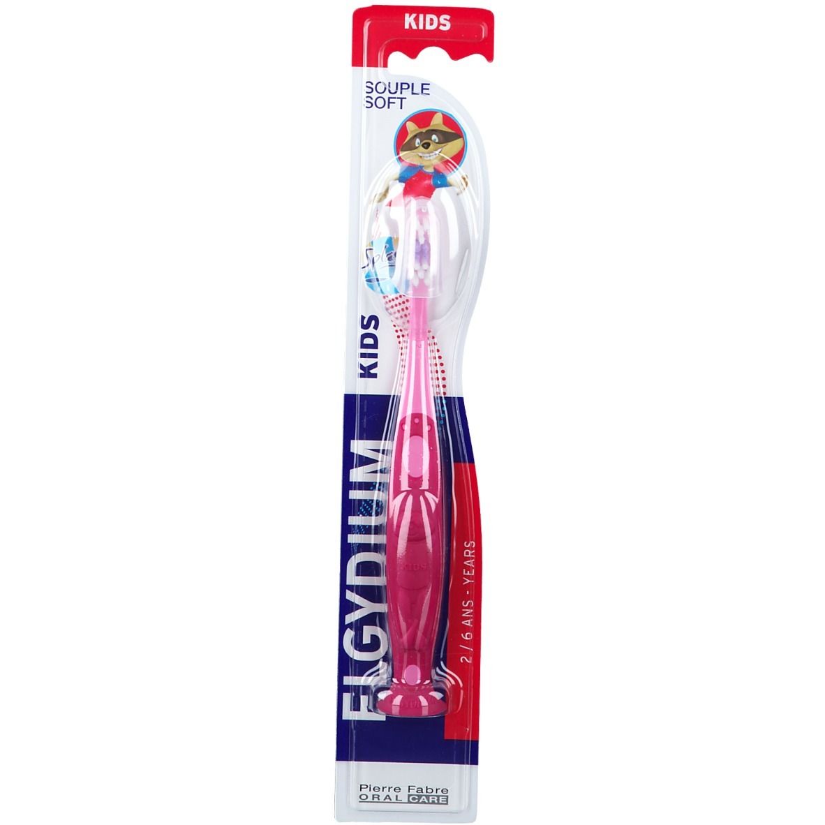 Brosse à dents rose pour enfants Elgydium. Logo et personnage de dessin animé sur l'emballage. Soies souples, 2/6 ans.