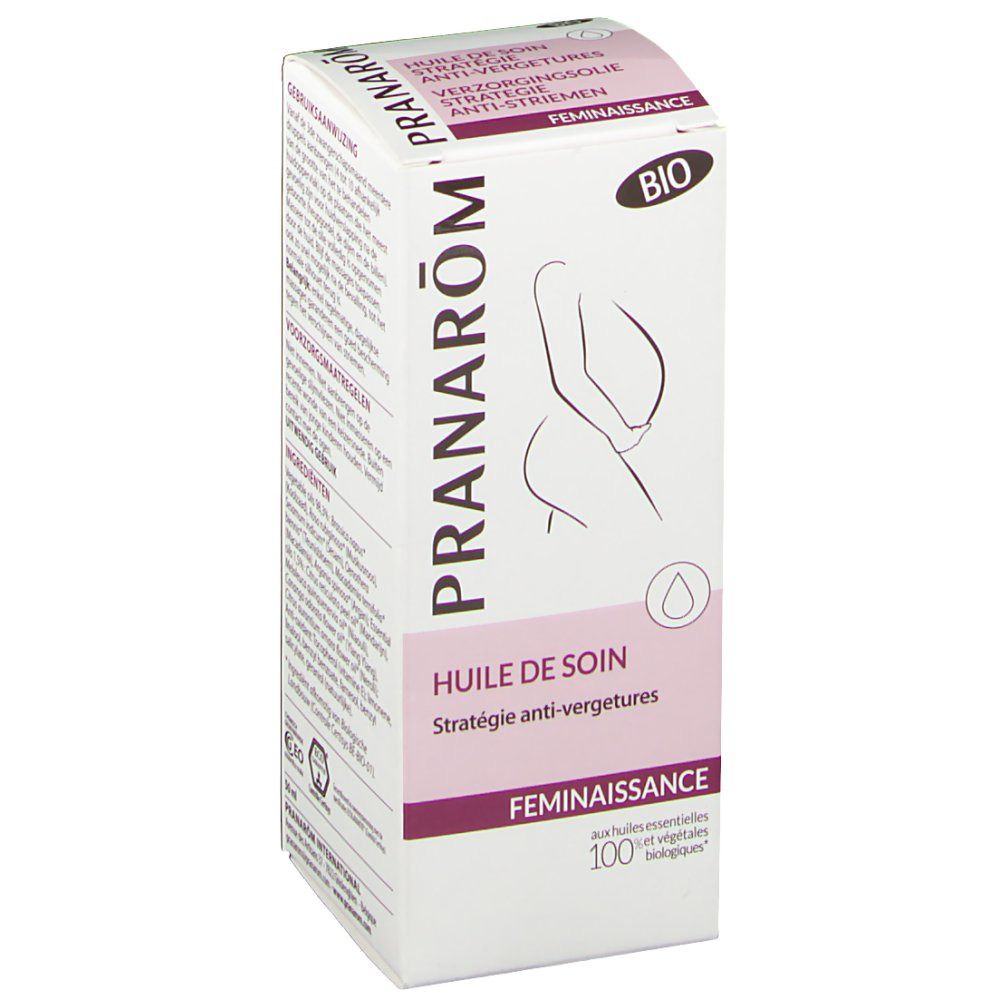 Boîte avec informations produit. Inscription: Pranarôm, BIO, grossesse, huile de soin, stratégie anti-vergetures.
