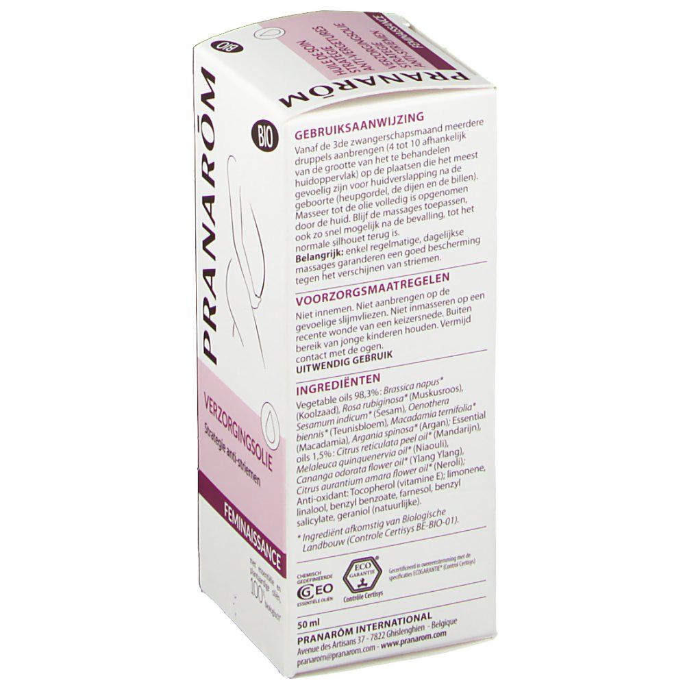 Boîte avec informations produit. Inscription: Pranarôm, mode d'emploi, ingrédients, label BIO, 50 ml.