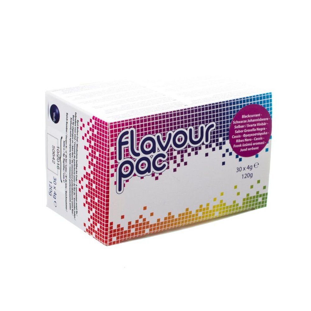 Boîte "Flavour Pac". Fond multicolore. Contient 30 sachets de 4g, 120g. Texte multilingue.