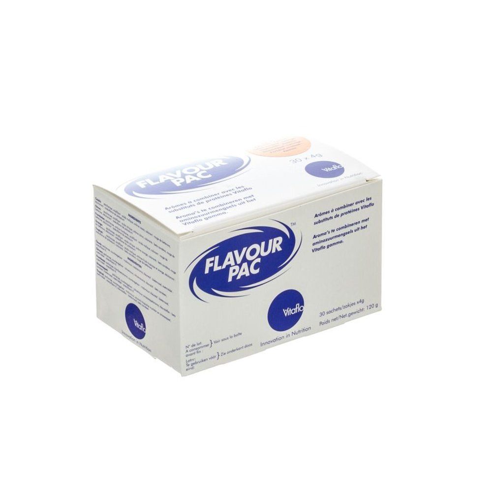Boîte blanche avec logo bleu "FLAVOUR PAC". Contient 20 sachets. Marque VitaFlo.