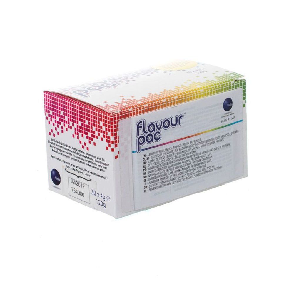 Witte doos met veelkleurig pixelpatroon. Opschrift Flavour Pac. Bevat 30 x 4g. Tekst in meerdere talen.