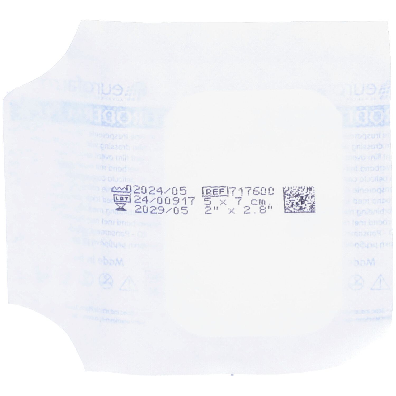 Pansement Euroderm Plus blanc, rectangulaire, dimensions 5 x 7 cm. Date de péremption.
