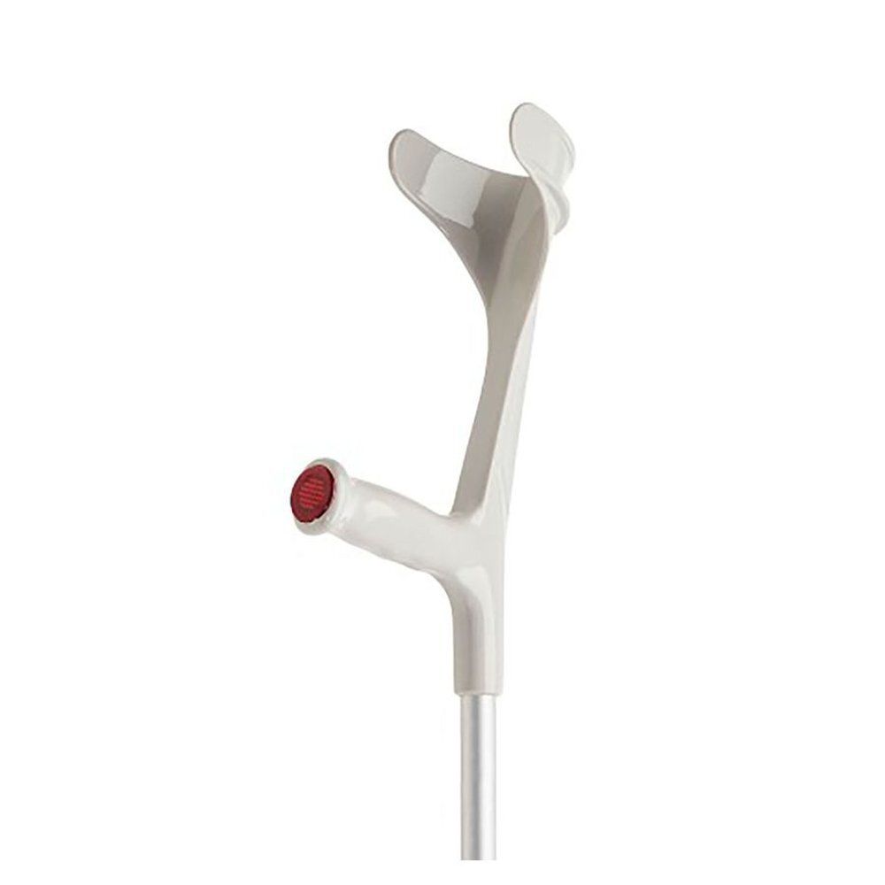 Grijze elleboogkruk. Aluminium, met rode knop. Armsteun en handvat.