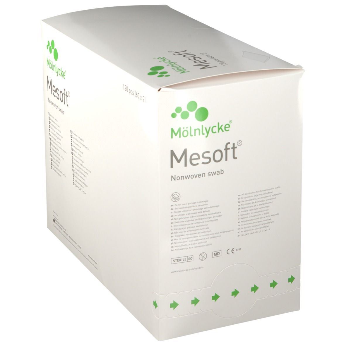 Boîte Mesoft®. Emballage blanc avec logo vert et nom du produit. Dimensions 10 x 20 cm.