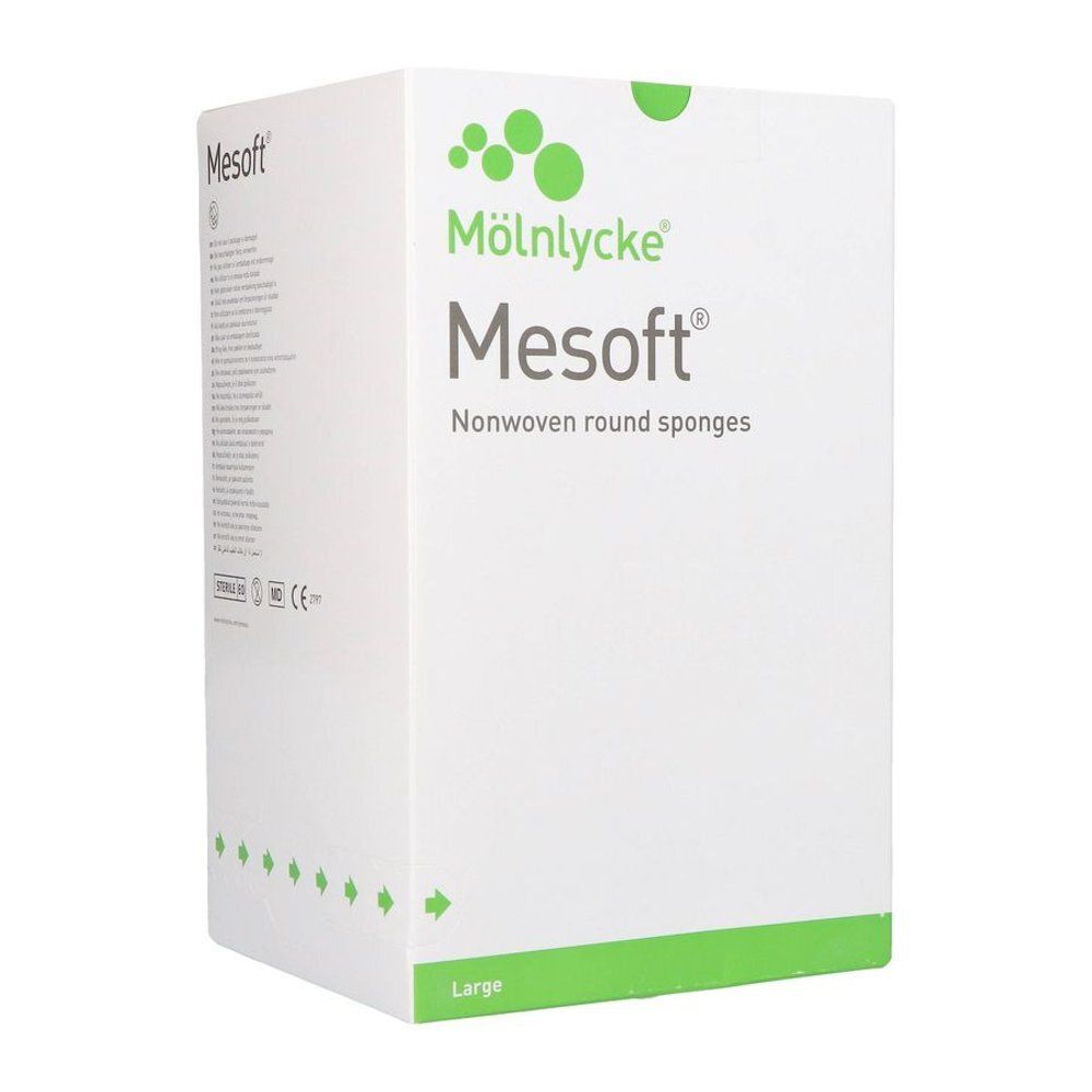 Witte verpakking met groen logo en opschrift Mesoft. Opschrift: Nonwoven round sponges. Onderaan: Large.