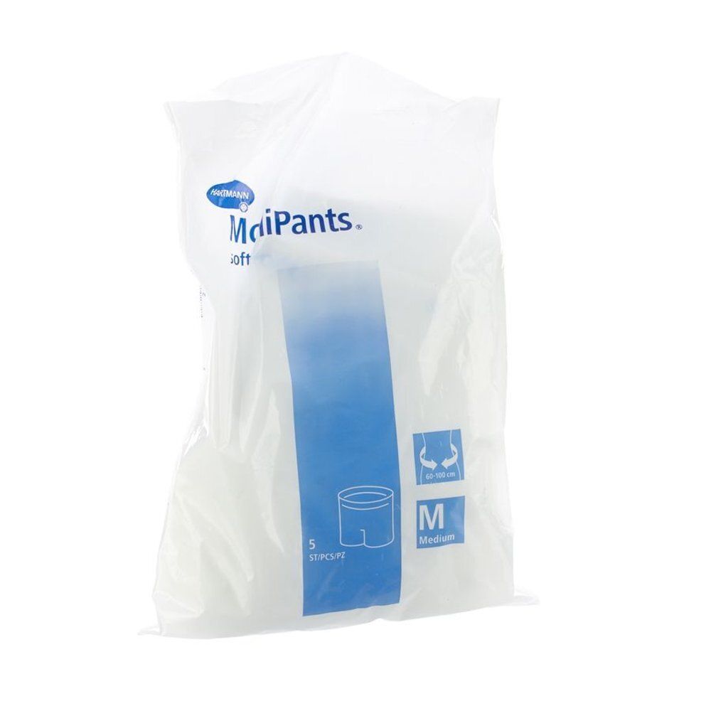 Verpakking van Molipants Soft M. Witte zak met blauwe markering. Opschrift: Molipants, Soft, M, 5 stuks.