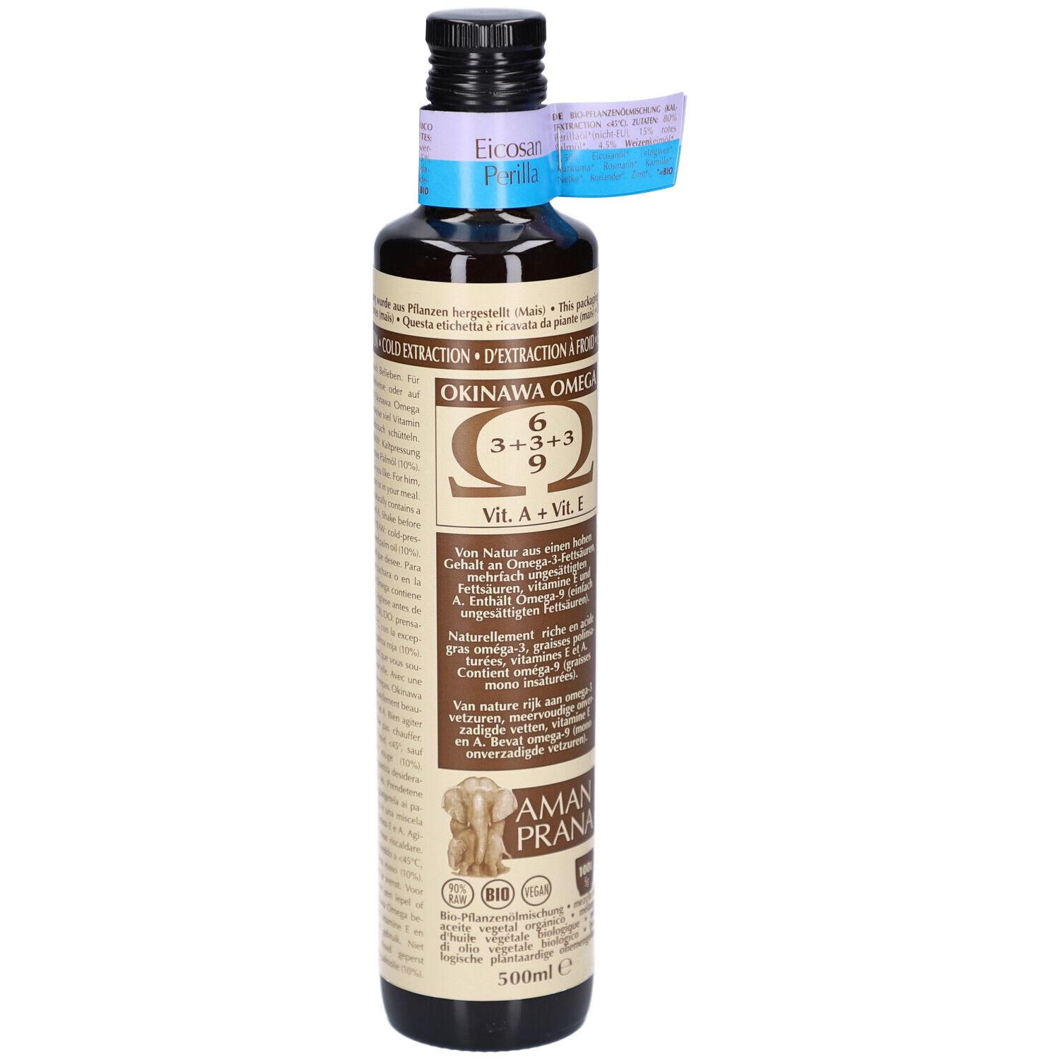Bouteille en verre marron avec étiquette. Inscription: Okinawa Omega 6, 3+3+3, 9. Marque: AMAN PRANA. Avec certifications.