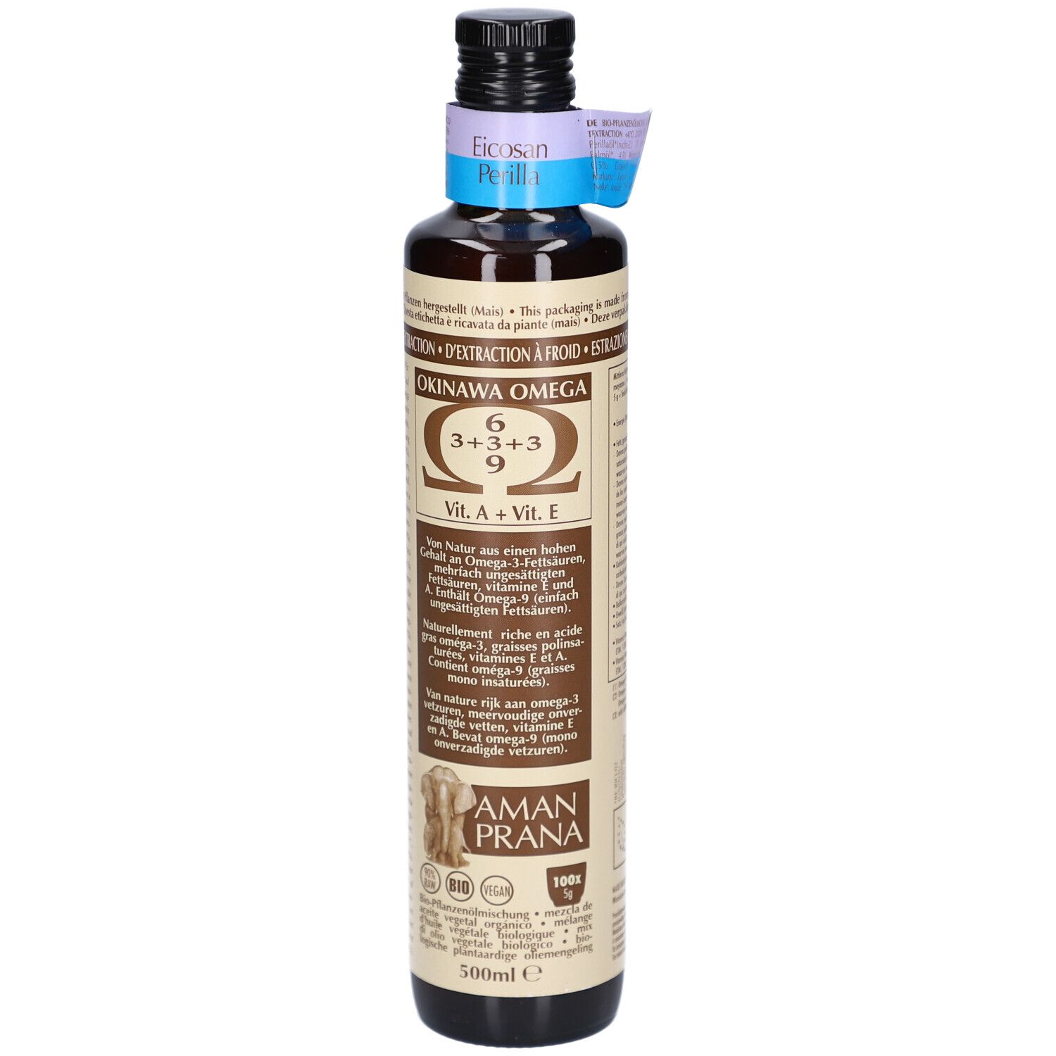 Bouteille en verre marron avec étiquette. Inscription: Okinawa Omega 6, 3+3+3, 9. Marque: AMAN PRANA. Avec certifications.