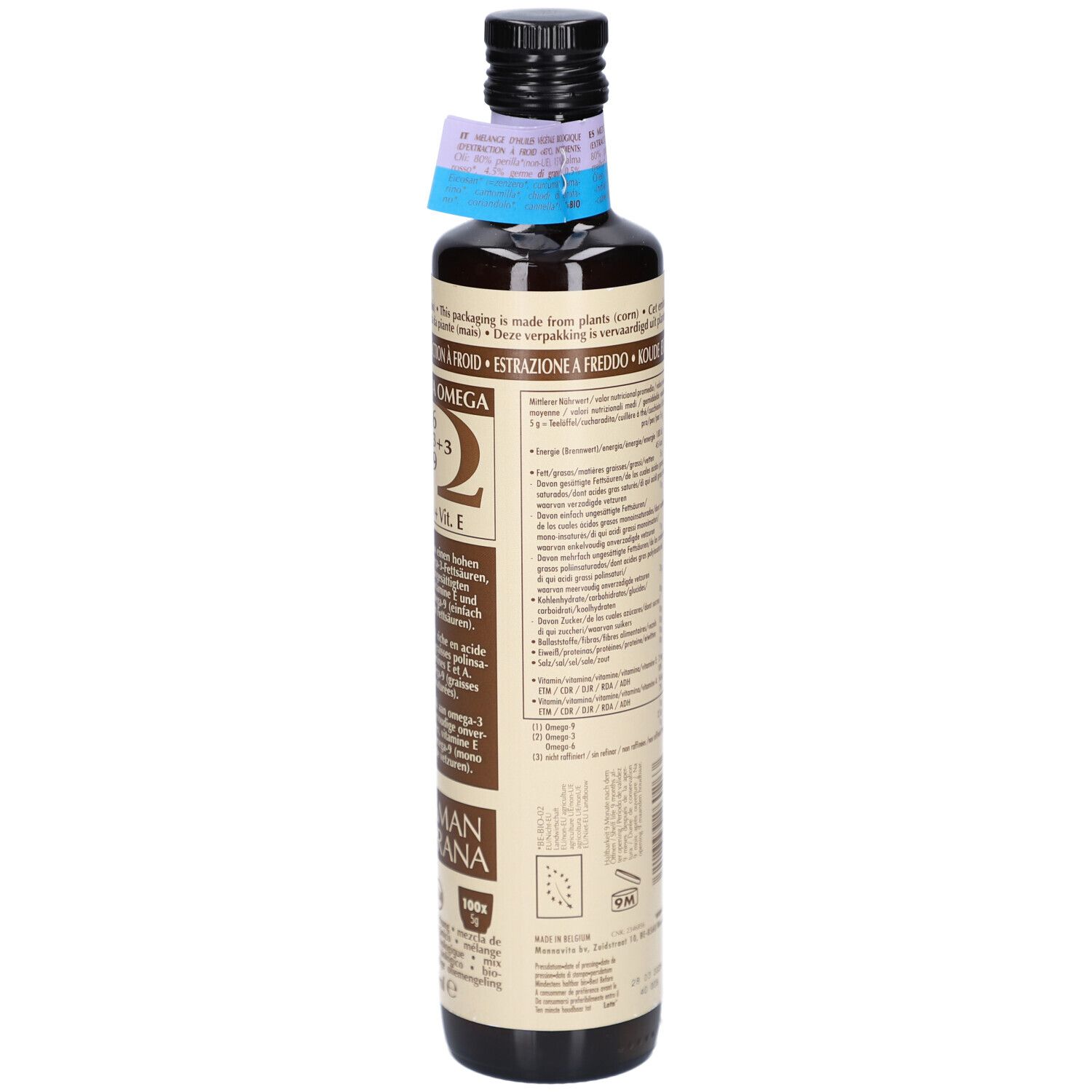 Bouteille en verre marron avec étiquette. Inscription: Okinawa Omega 6, 3+3+3, 9. Marque: AMAN PRANA. Avec certifications.