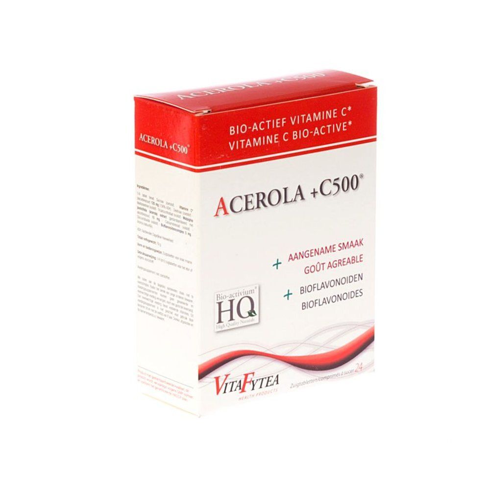 Boîte blanche et rouge. Inscription: Acerola +C500, Bio-Actief Vitamine C, VitaFytea. Contient des bioflavonoïdes.