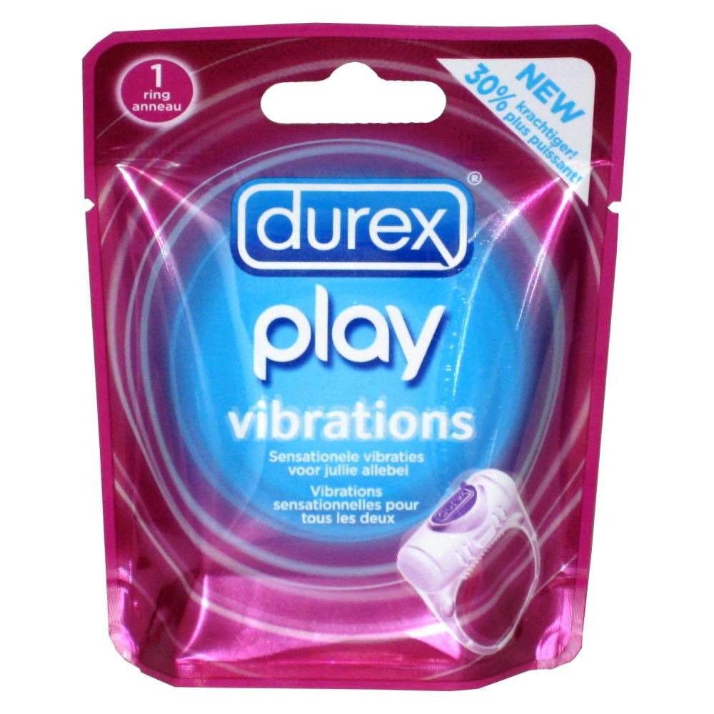Roze verpakking met vibratiering. Merk: Durex Play Vibrations. Tekst: Vibrations, nieuw, 30% krachtiger. Product afgebeeld.