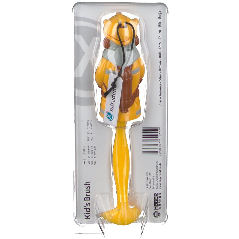 Tandenborstel in blisterverpakking. Gele handgreep, brandweerfiguur. "miradent" logo. Opschrift "Kid's Brush".