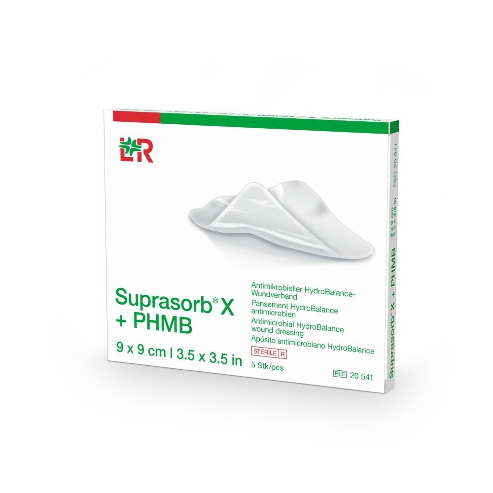Verpakking voor antimicrobiële HydroBalance wondverzorging, 9x9 cm, 5 stuks.