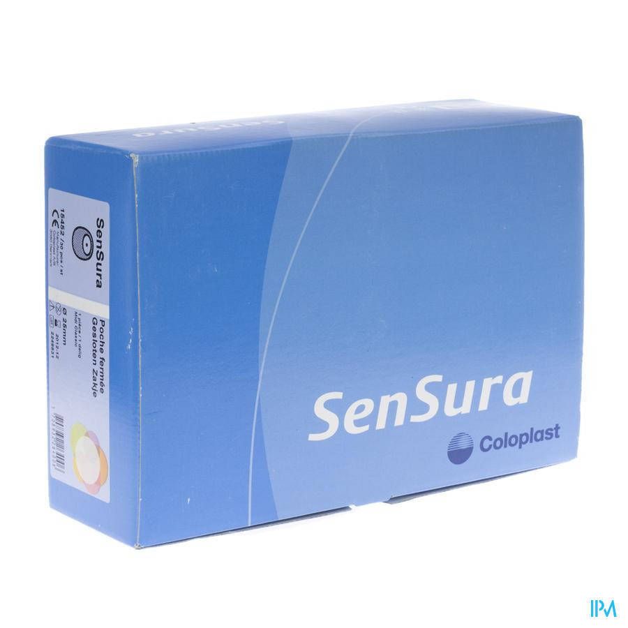 Blauwe doos met "SenSura" en "Coloplast" logo. Productinformatie op de zijkant.