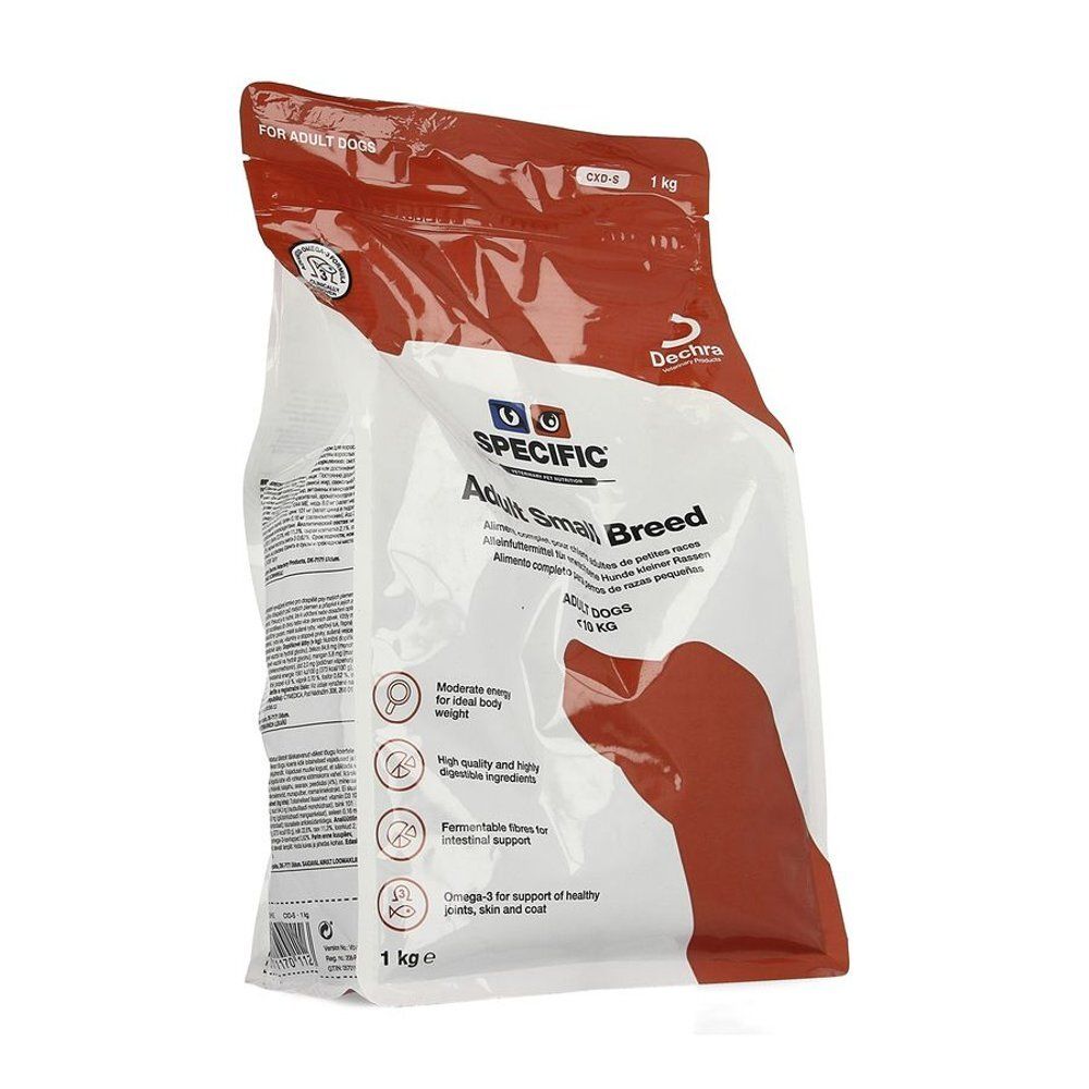 Emballage de Specific CXD-S Adult Small Breed. Sac blanc et marron avec nom et logo du produit. 1 kg.