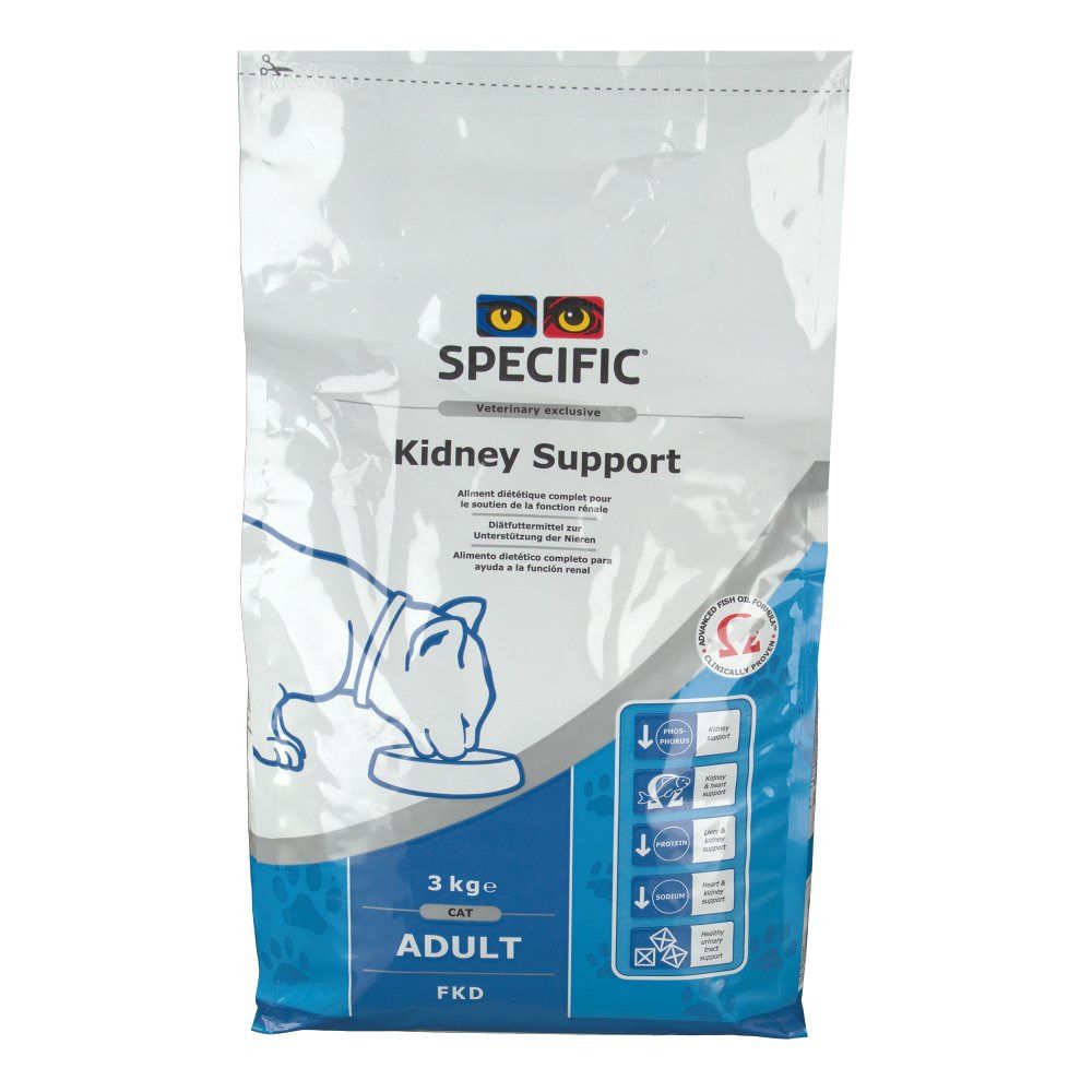 Zak met productopdruk. "SPECIFIC Kidney Support Adult" en logo's. Bevat een afbeelding van een kat. 3 kg.