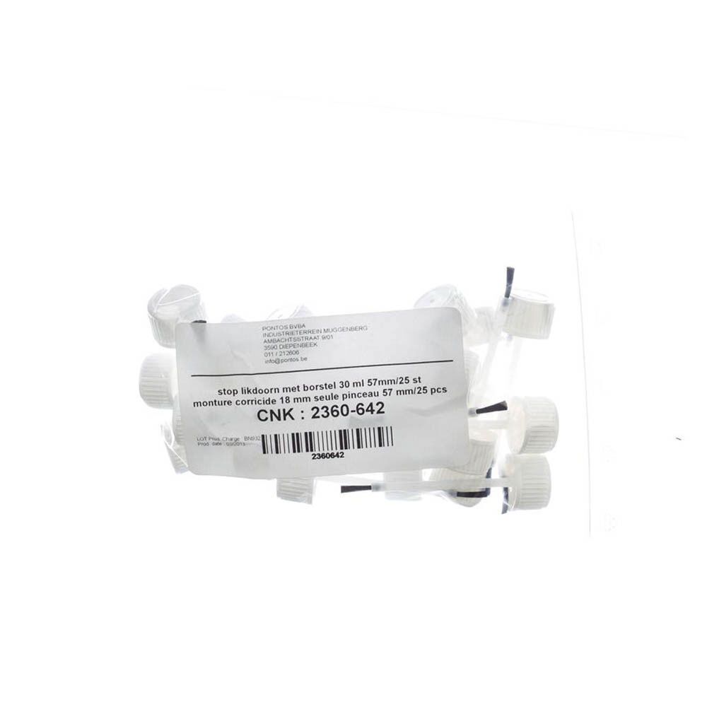 Plusieurs flacons avec bouchons blancs et pinceaux, emballés dans un sachet transparent. Étiquette avec texte et code-barres.