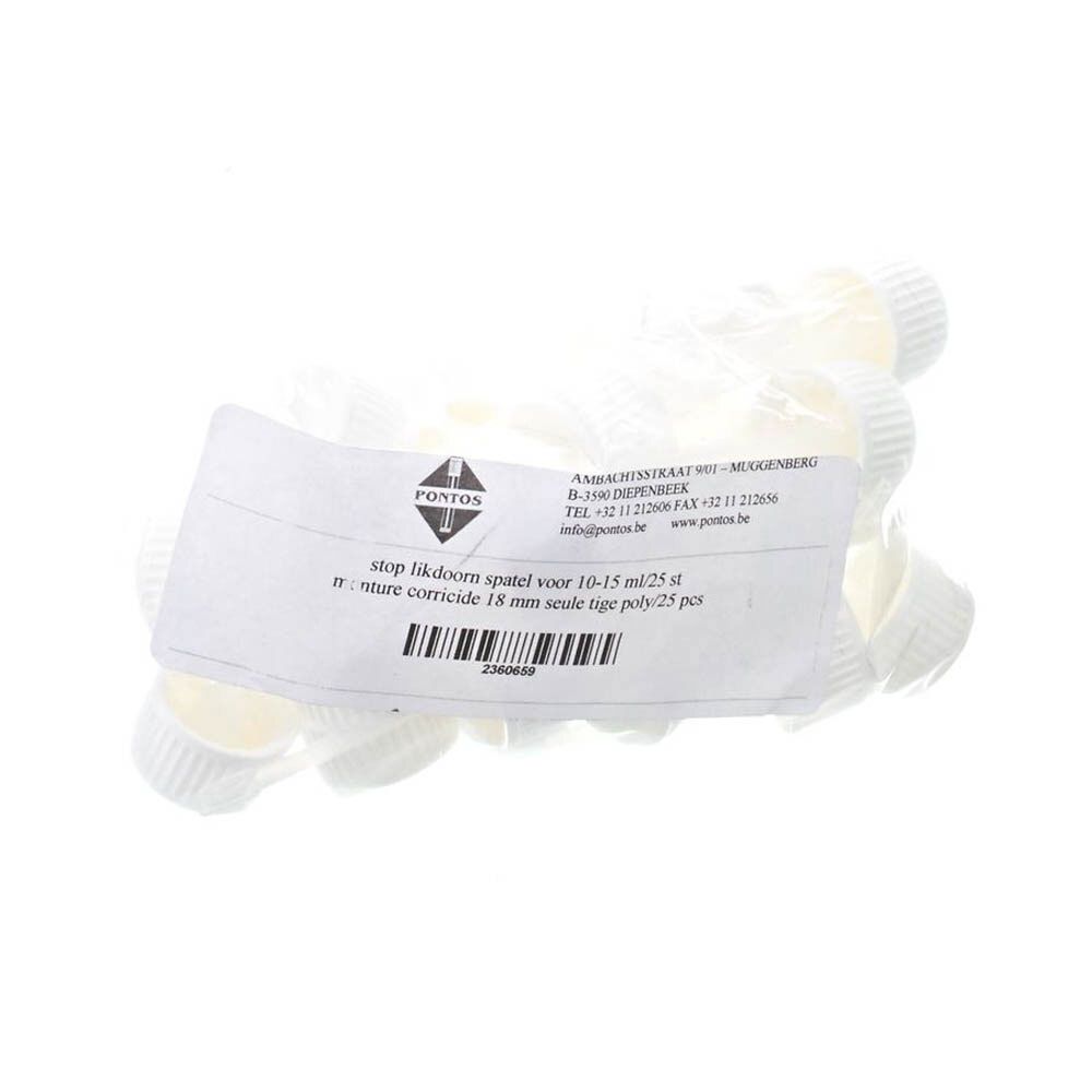 Emballage de bouchons blancs. Étiquette avec "PONTOS". Texte: "stop likdoorn spatel voor 10-15 ml/25 st".