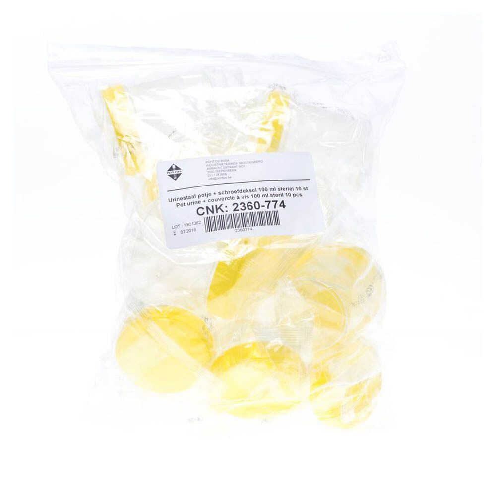 Sachet de récipients à urine jaunes avec couvercles à vis. Étiquette avec informations produit.
