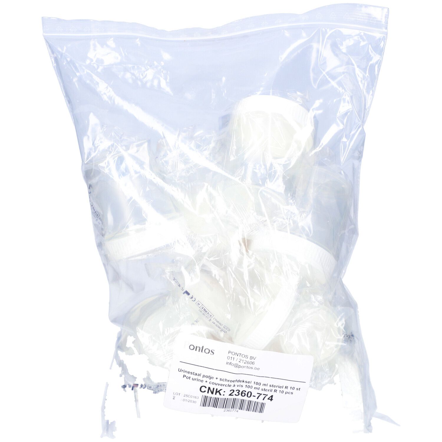 Sachet de récipients à urine blancs avec couvercles à vis. Étiquette avec informations produit.
