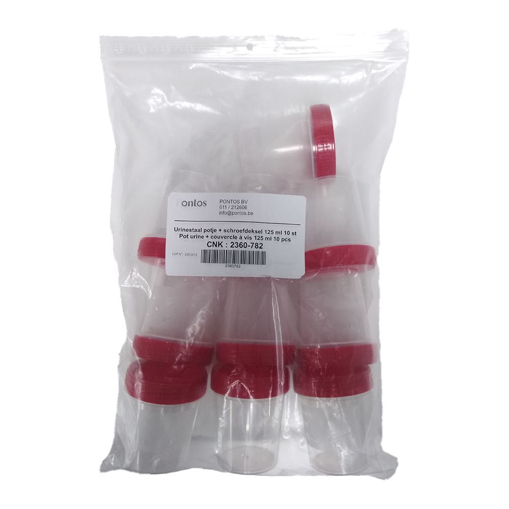 Plusieurs pots à urine avec couvercles à vis rouges emballés dans un sac plastique transparent. Une étiquette est visible.