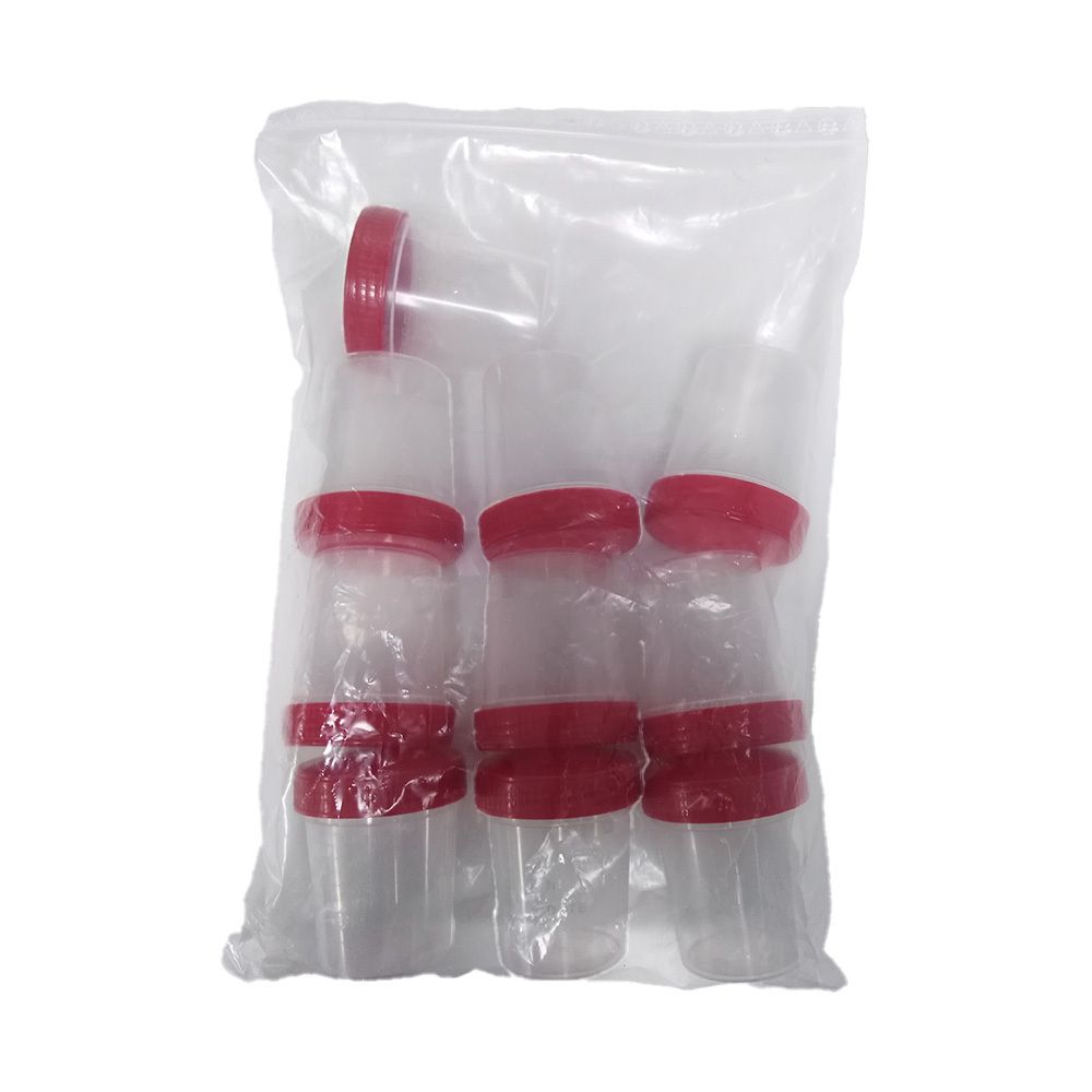 Plusieurs pots à urine avec couvercles à vis rouges dans un sac plastique transparent. Certains pots sont partiellement cachés.